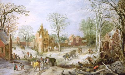 A wooded winter landscape with a cart by J. and Momper, J. de Brueghel